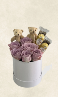 Bodrum Çiçek Market kutuda İthal lila gül ayıcık ve Çikolata