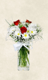 Bodrum Çiçek Market vazoda kırmızı gül ve papatya