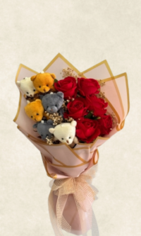 Bodrum Çiçek Market ayıcık ve kırmızı yapay gül buketi