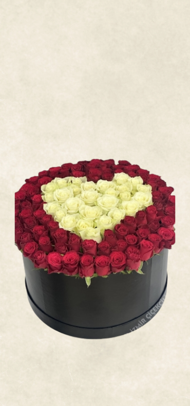 kutuda 101 kırmızı ve kalpli beyaz gül kutuda 101 kırmızı ve kalpli beyaz gül